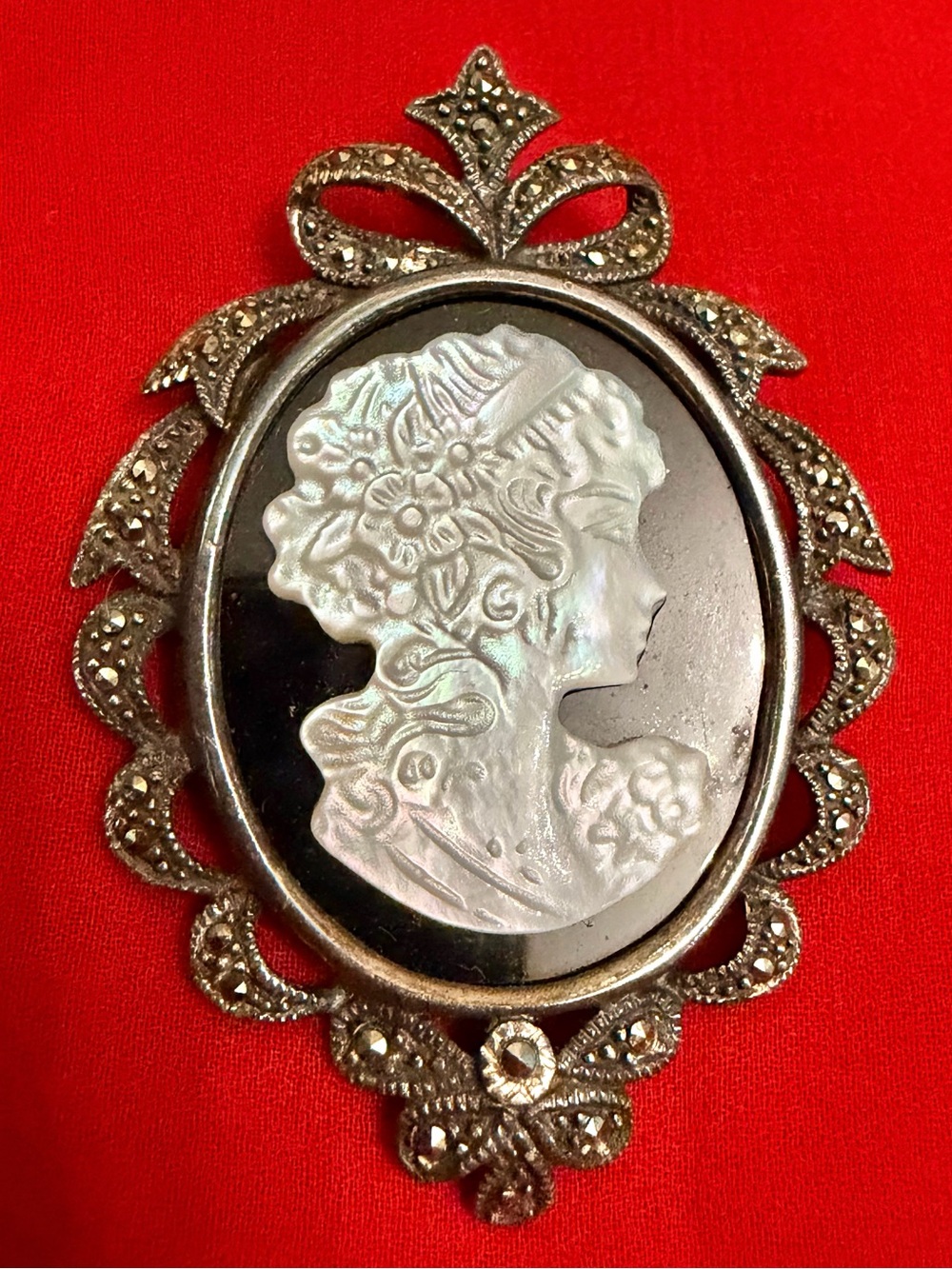 925 Sterling Silver Vintage Real Black Onyx MOP Marcasite Lady Cameo Pin Pendant